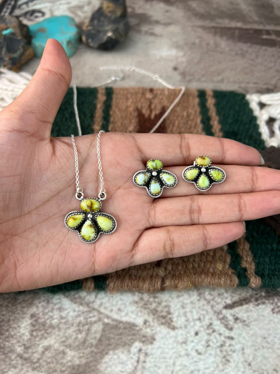 Handmade Sterling Silver Palomino Turquoise Necklace and Earrings Set Signed Nizhoni