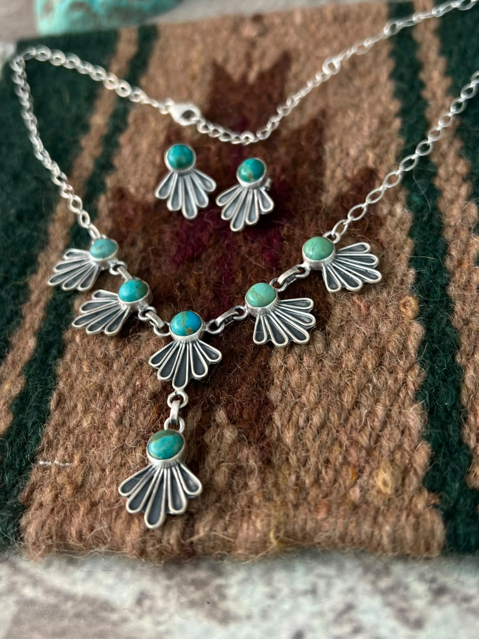 Handmade Sterling Silver Kingman Turquoise Necklace and Earrings Set Signed Nizhoni
