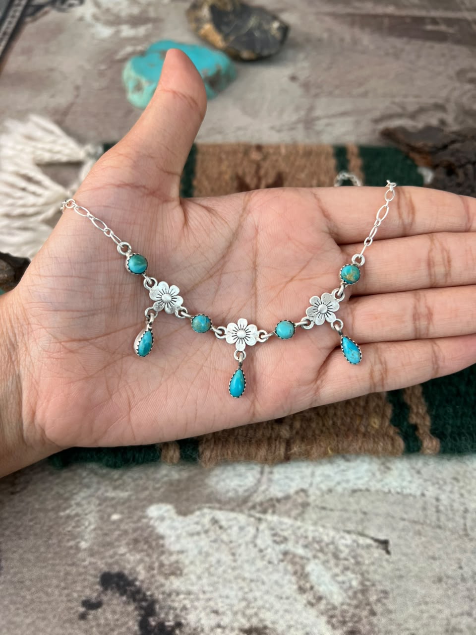 Handmade Sterling Silver Kingman Turquoise Necklace Signed Nizhoni