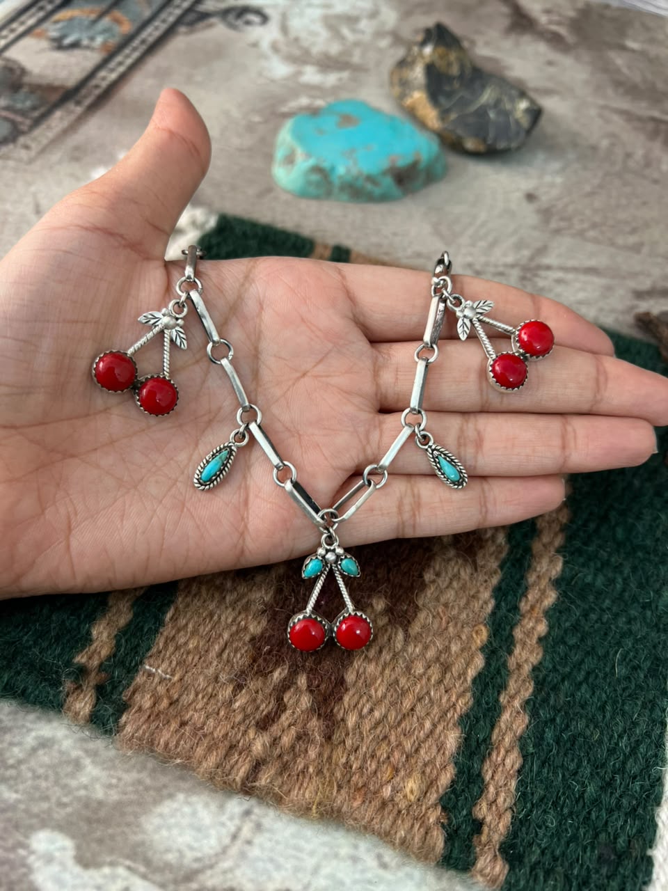 Handmade Sterling Silver Rosarita with Kingman Turquoise Cherry Necklace Signed Nizhoni