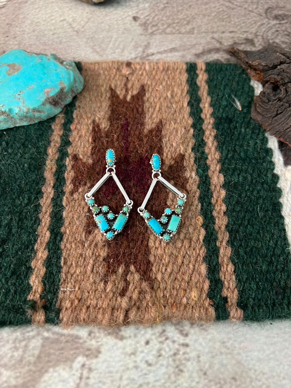 Handmade Sterling Silver Kingman Turquoise Post Dangle Earrings Signed Nizhoni