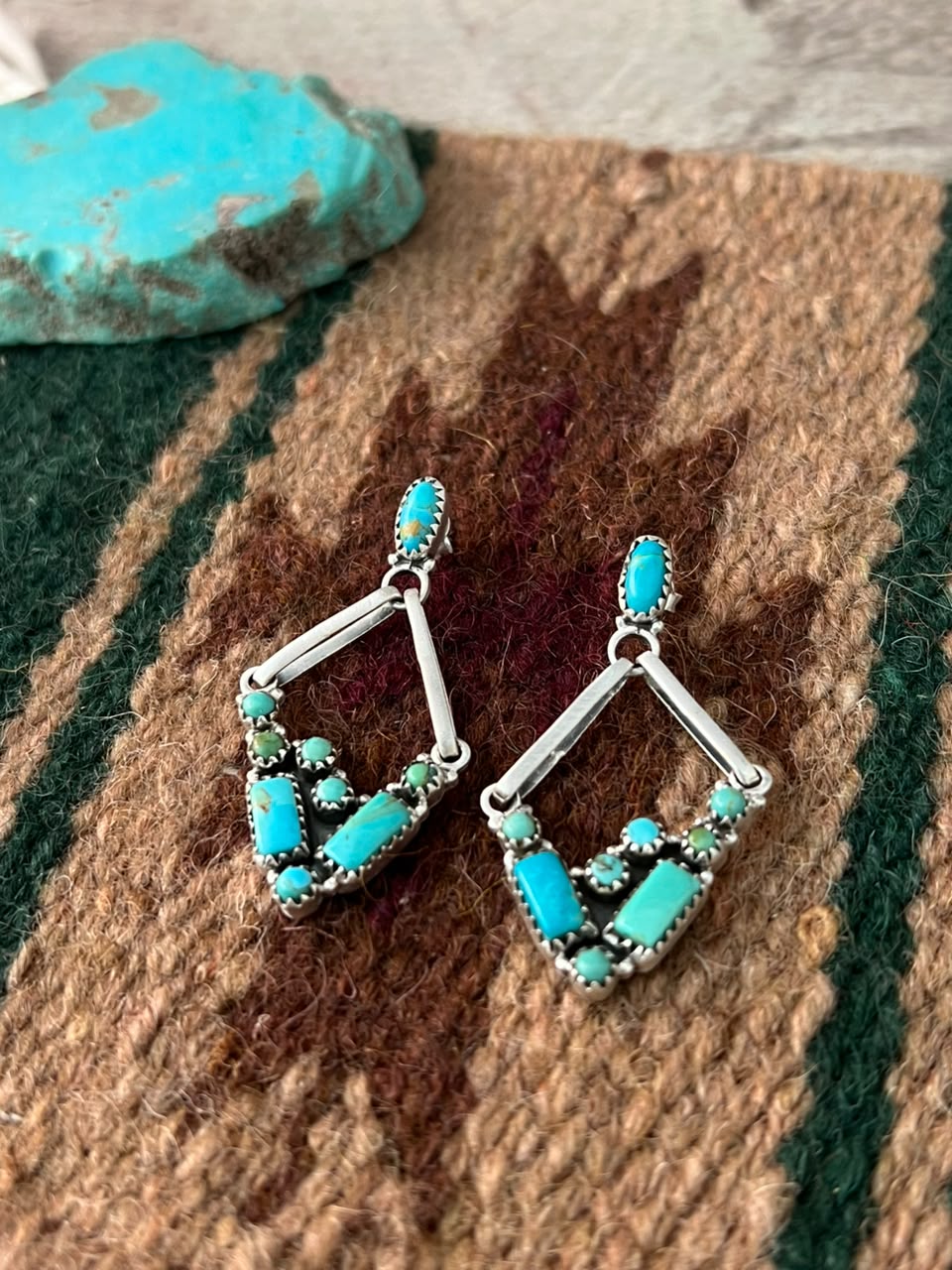 Handmade Sterling Silver Kingman Turquoise Post Dangle Earrings Signed Nizhoni