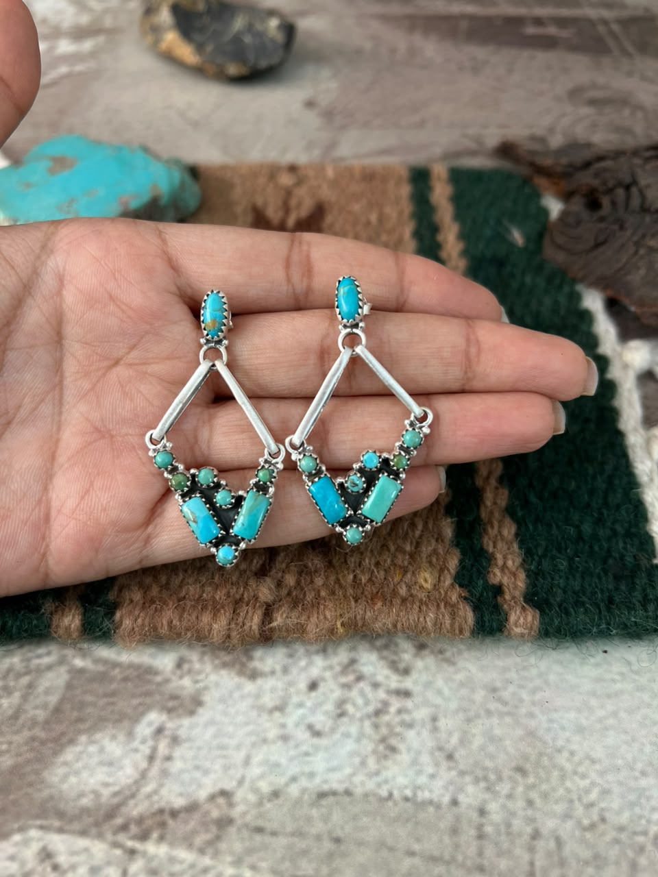 Handmade Sterling Silver Kingman Turquoise Post Dangle Earrings Signed Nizhoni