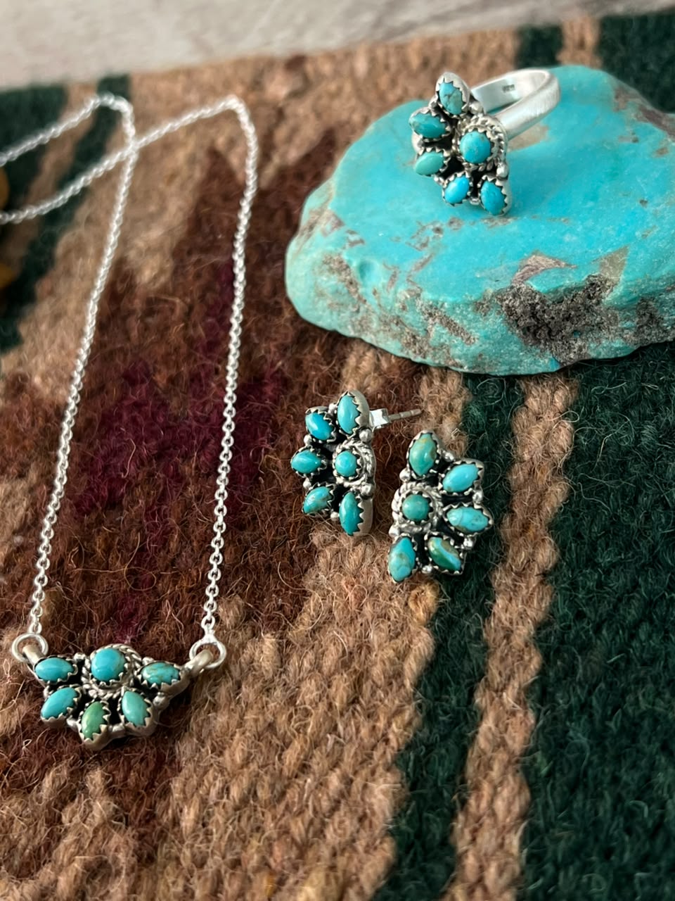 Handmade Sterling Silver Kingman Turquoise Necklace Earrings and Ring Set Signed Nizhoni