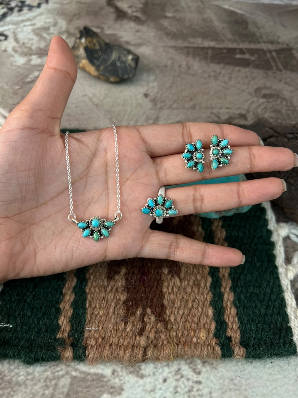 Handmade Sterling Silver Kingman Turquoise Necklace Earrings and Ring Set Signed Nizhoni