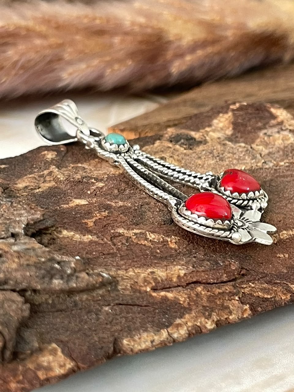 Handmade Sterling Silver Rosarita with Kingman Turquoise Cherry Pendant Signed Nizhoni