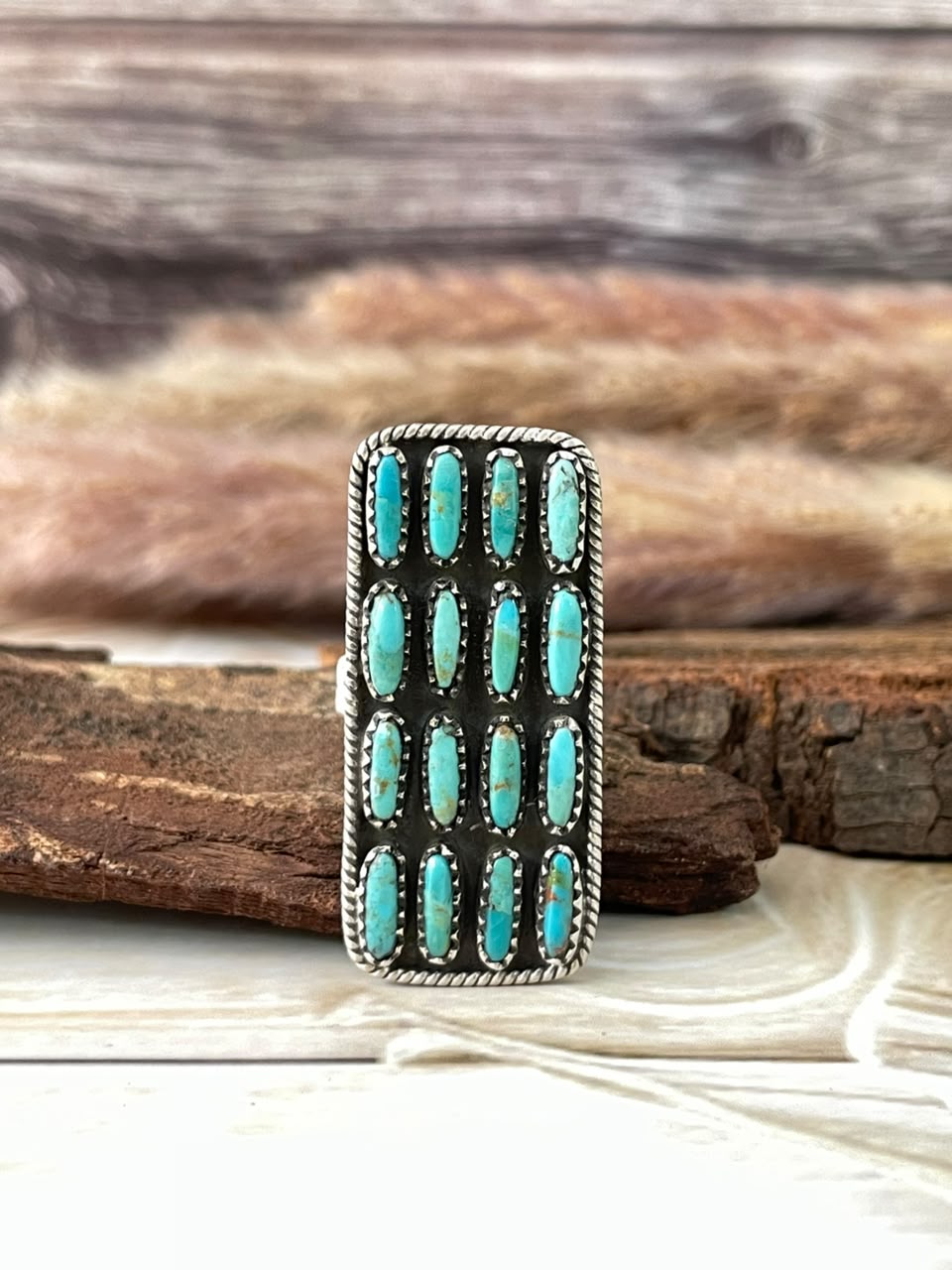 Handmade Sterling Silver Kingman Turquoise Bar Adjustable Ring Signed Nizhoni