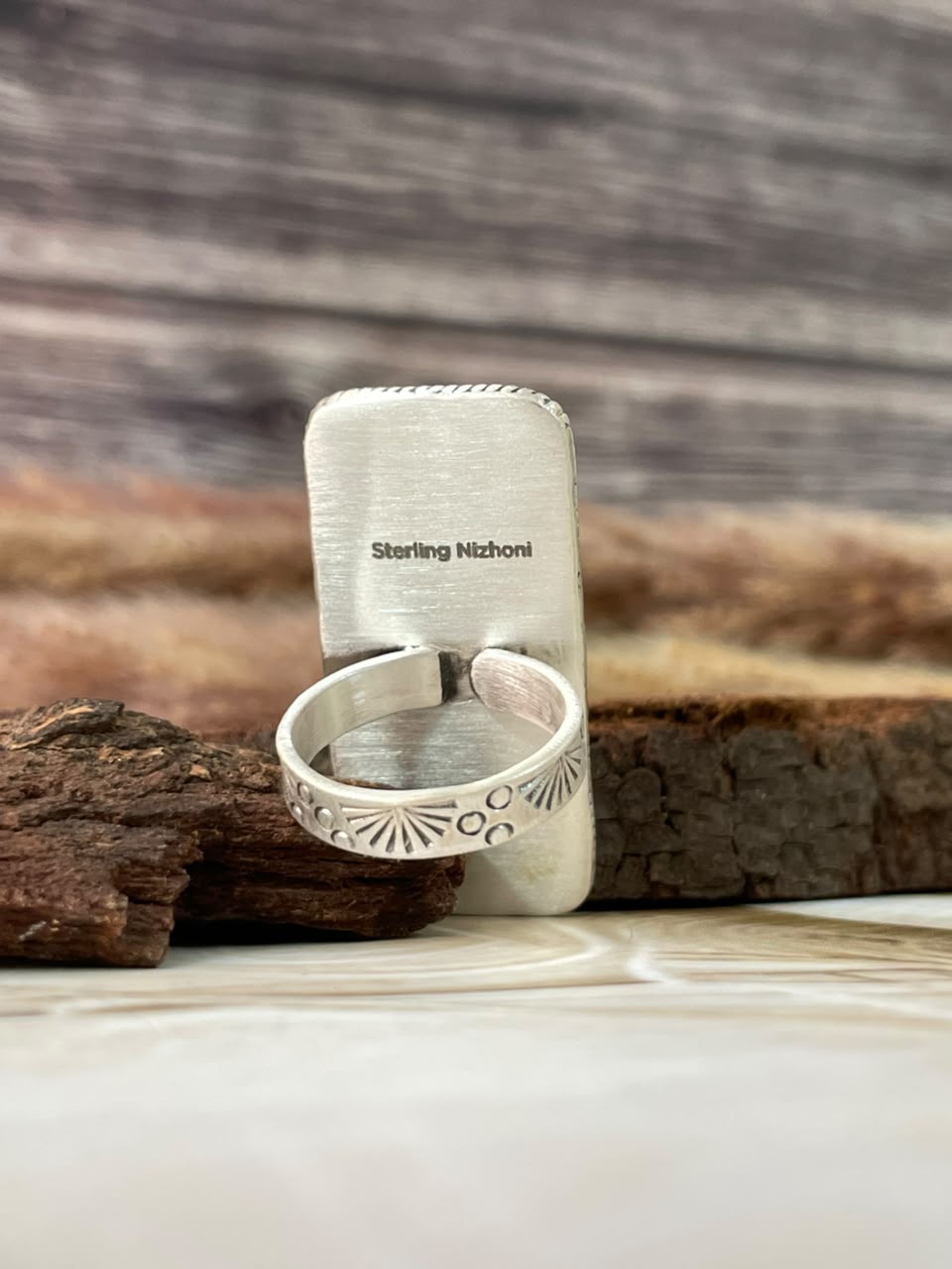 Handmade Sterling Silver Kingman Turquoise Bar Adjustable Ring Signed Nizhoni