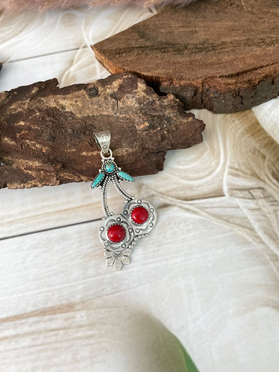 Handmade Sterling Silver Rosarita with Kingman Turquoise Cherry Pendant Signed Nizhoni