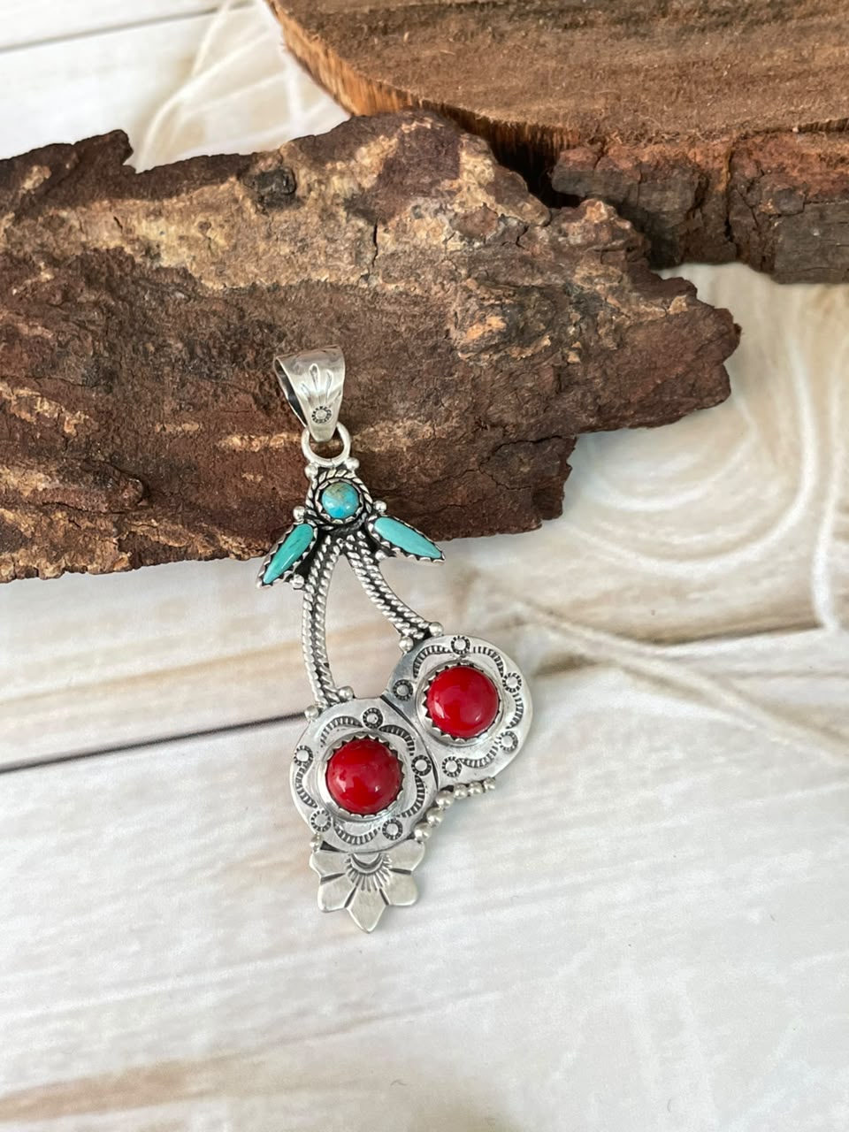 Handmade Sterling Silver Rosarita with Kingman Turquoise Cherry Pendant Signed Nizhoni