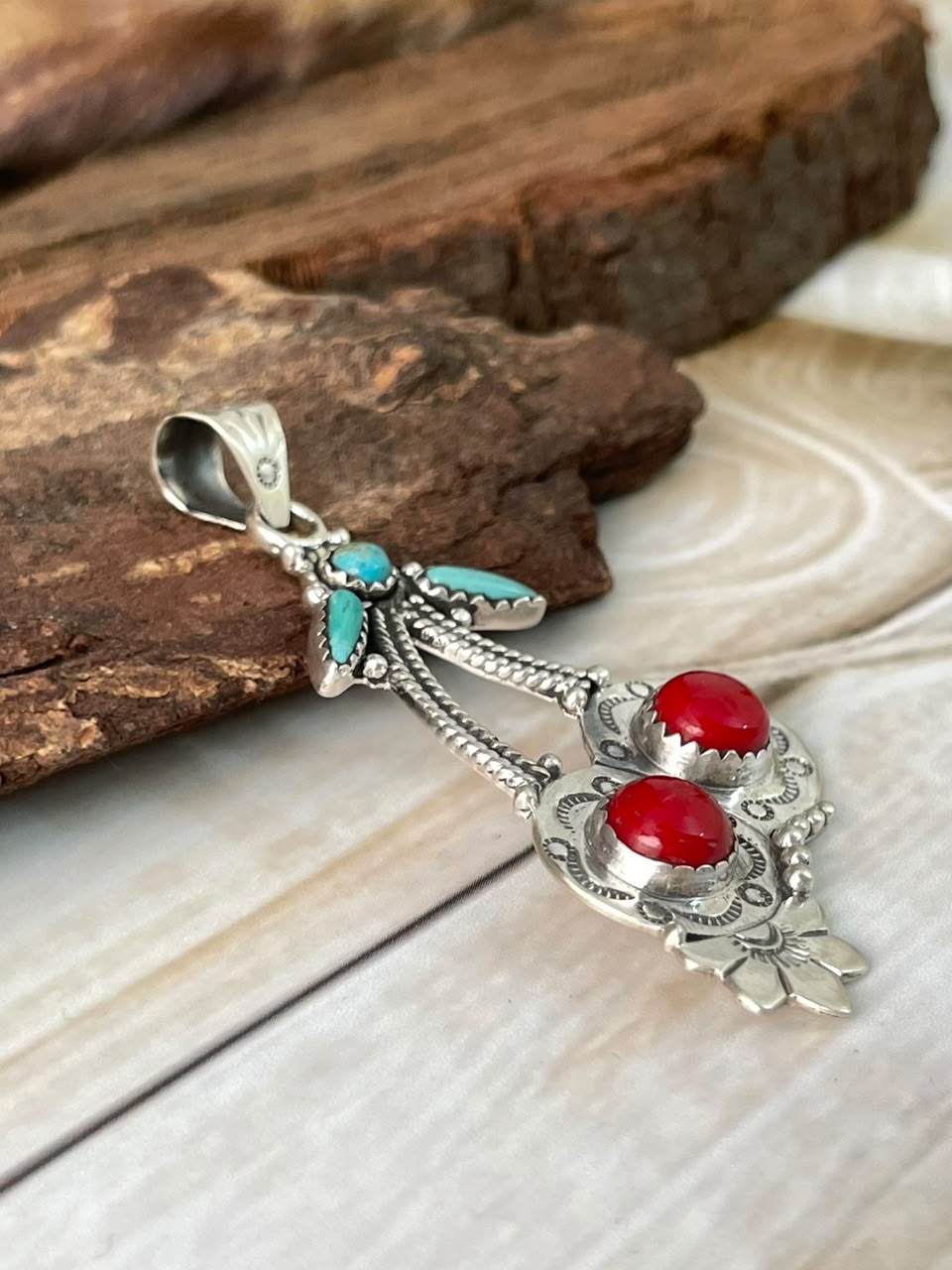 Handmade Sterling Silver Rosarita with Kingman Turquoise Cherry Pendant Signed Nizhoni