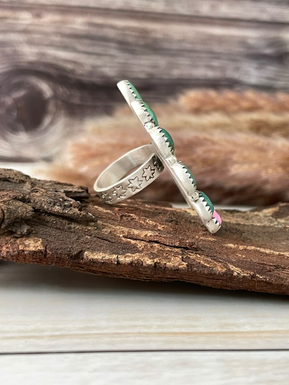 Handmade Sterling Silver Palomino with Cotton Candy and Cripple Creek Turquoise Naja Adjustable Ring Signed Nizhoni