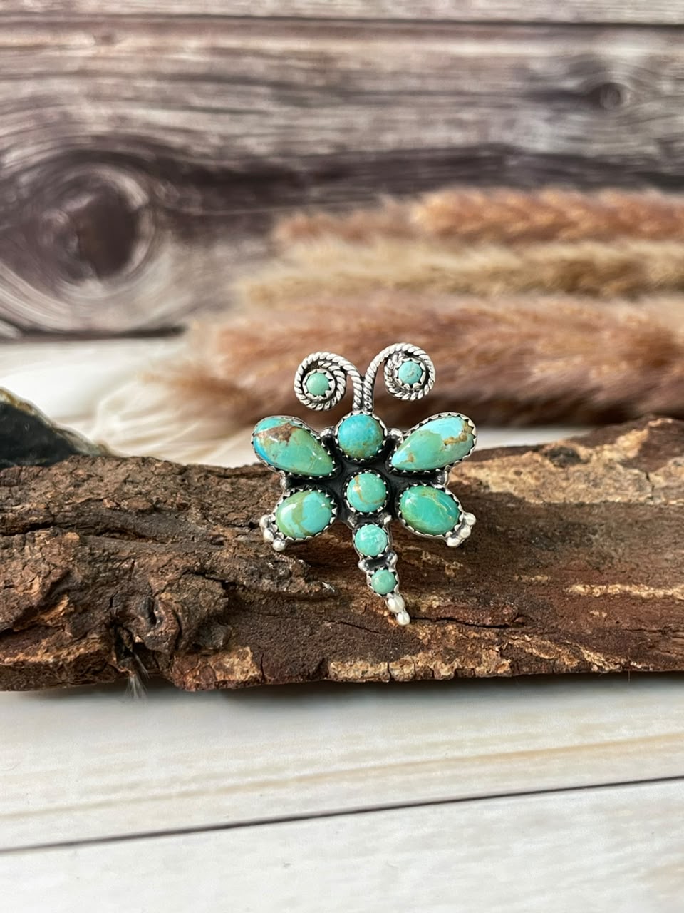 Handmade Sterling Silver Kingman Turquoise Butterfly Adjustable Ring Signed Nizhoni