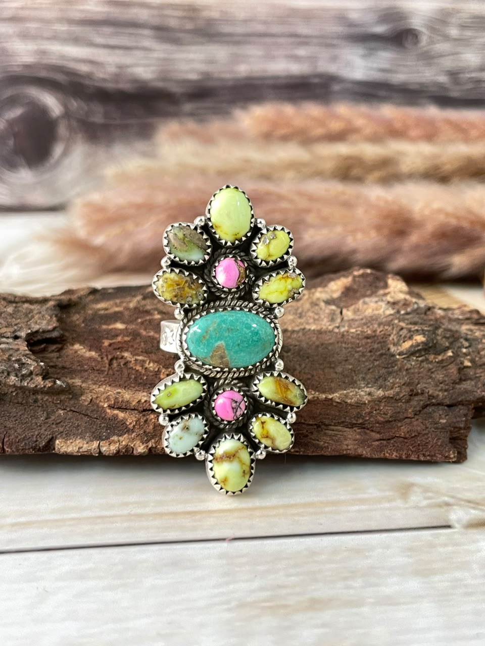 Handmade Sterling Silver Palomino with Cotton Candy and Cripple Creek Turquoise Adjustable Ring Signed Nizhoni