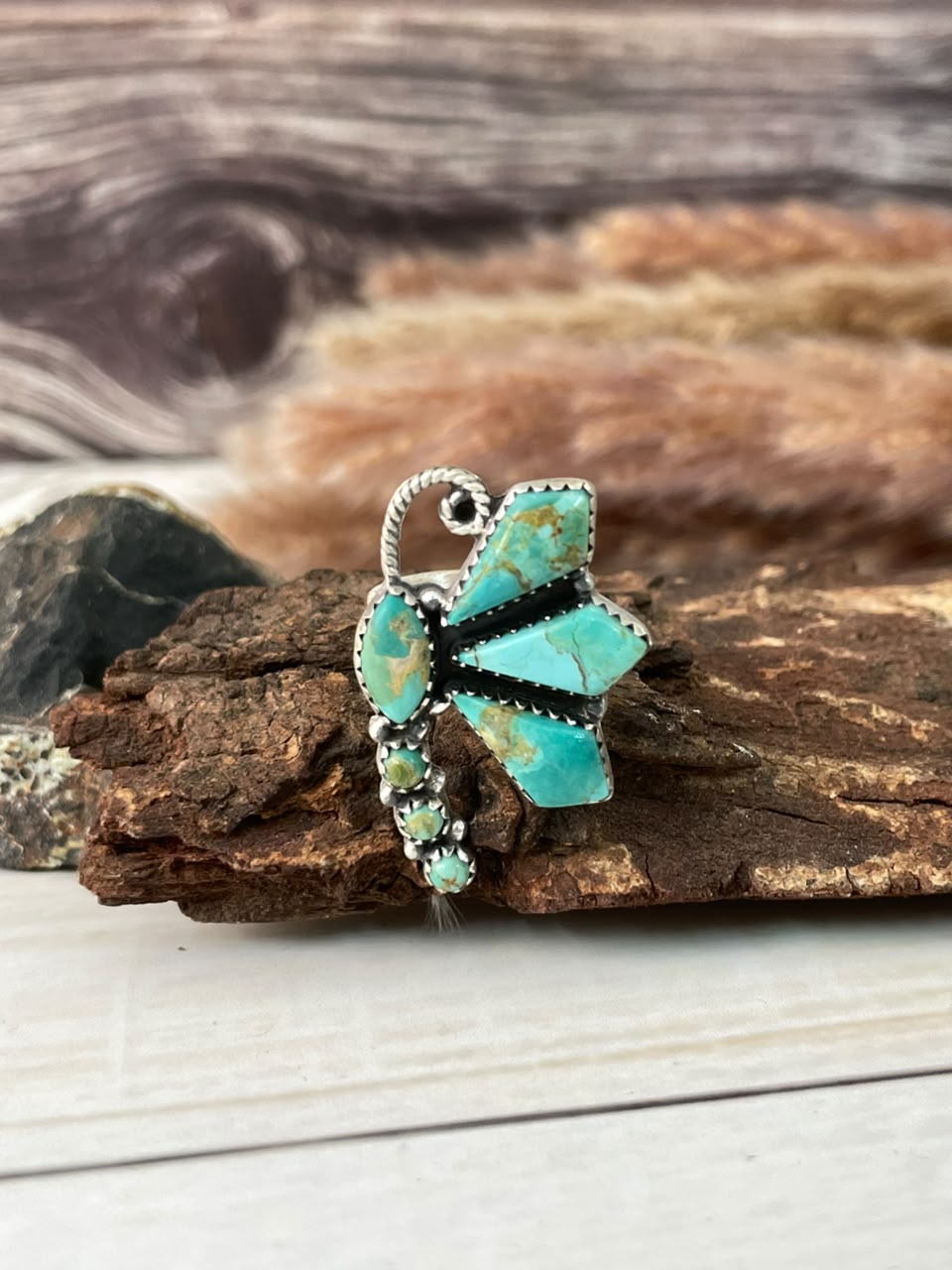 Handmade Sterling Silver Kingman Turquoise Butterfly Adjustable Ring Signed Nizhoni