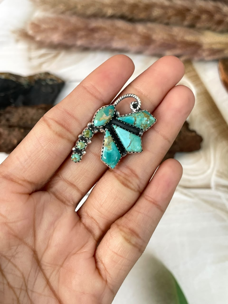 Handmade Sterling Silver Kingman Turquoise Butterfly Adjustable Ring Signed Nizhoni