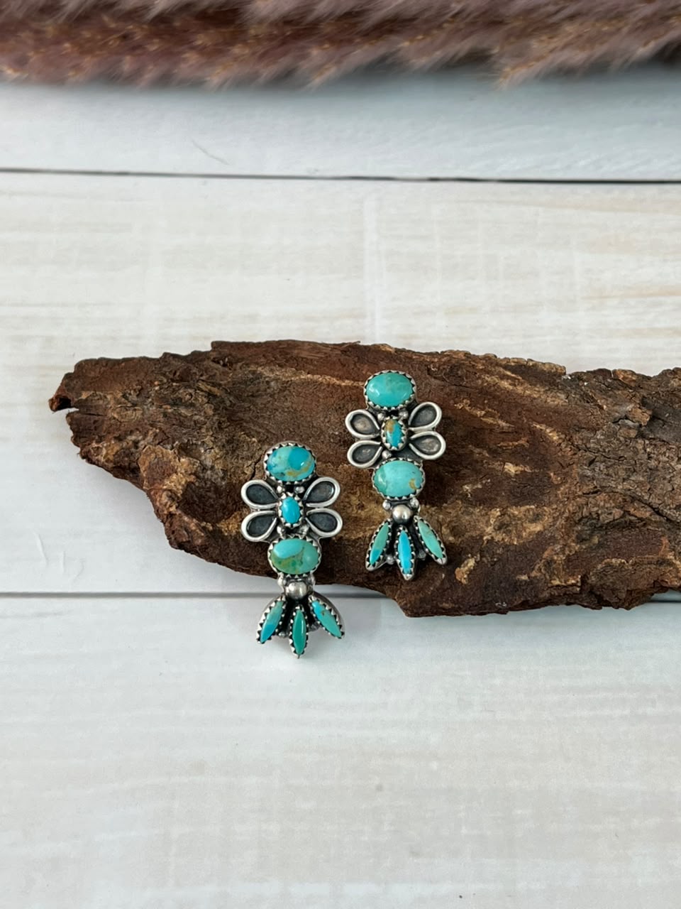 Handmade Sterling Silver Kingman Turquoise Post Earrings Signed Nizhoni