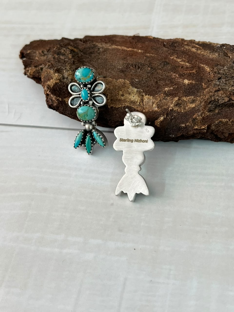 Handmade Sterling Silver Kingman Turquoise Post Earrings Signed Nizhoni