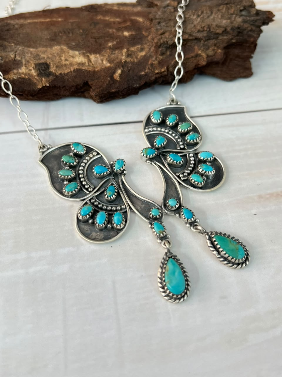 Handmade Sterling Silver Kingman Turquoise Butterfly Necklace Signed Nizhoni