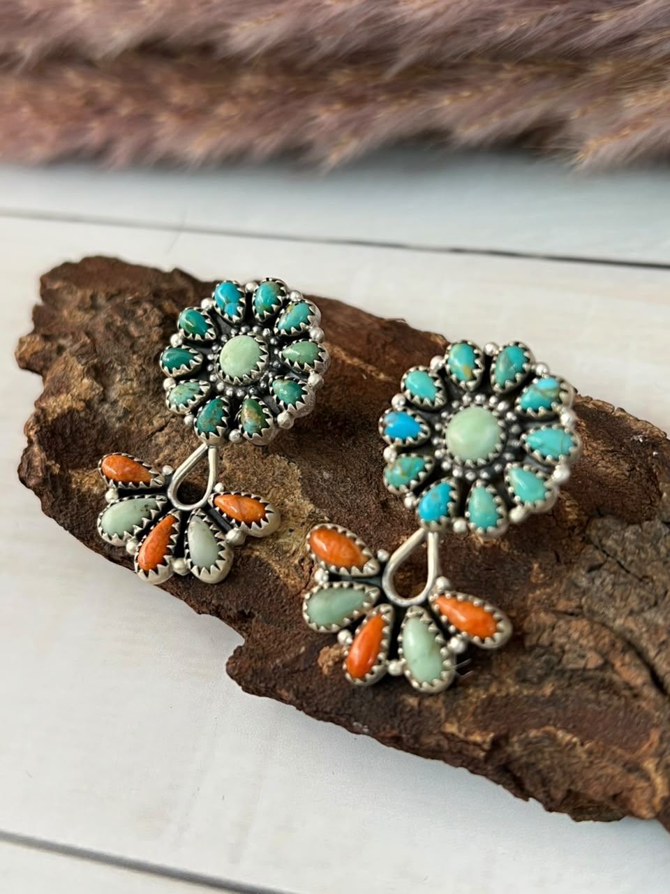 Handmade Sterling Silver Paloma with Kingman Turquoise and Orange Mojave Post Dangle Earrings Signed Nizhoni