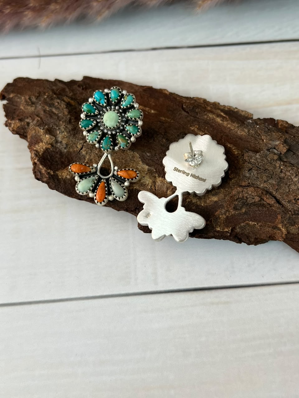 Handmade Sterling Silver Paloma with Kingman Turquoise and Orange Mojave Post Dangle Earrings Signed Nizhoni