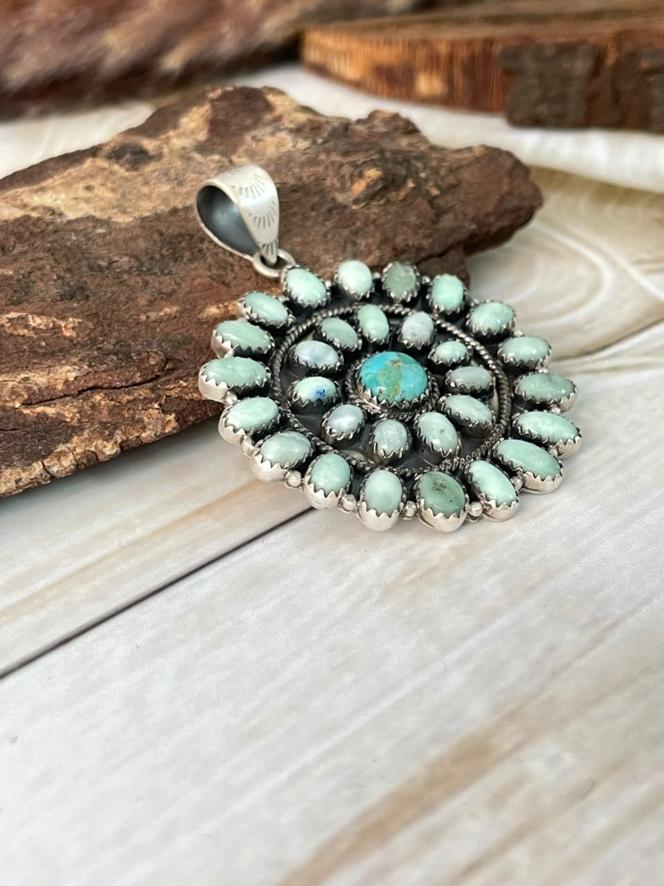 Handmade Sterling Silver Paloma with Kingman Turquoise Pendant Signed Nizhoni