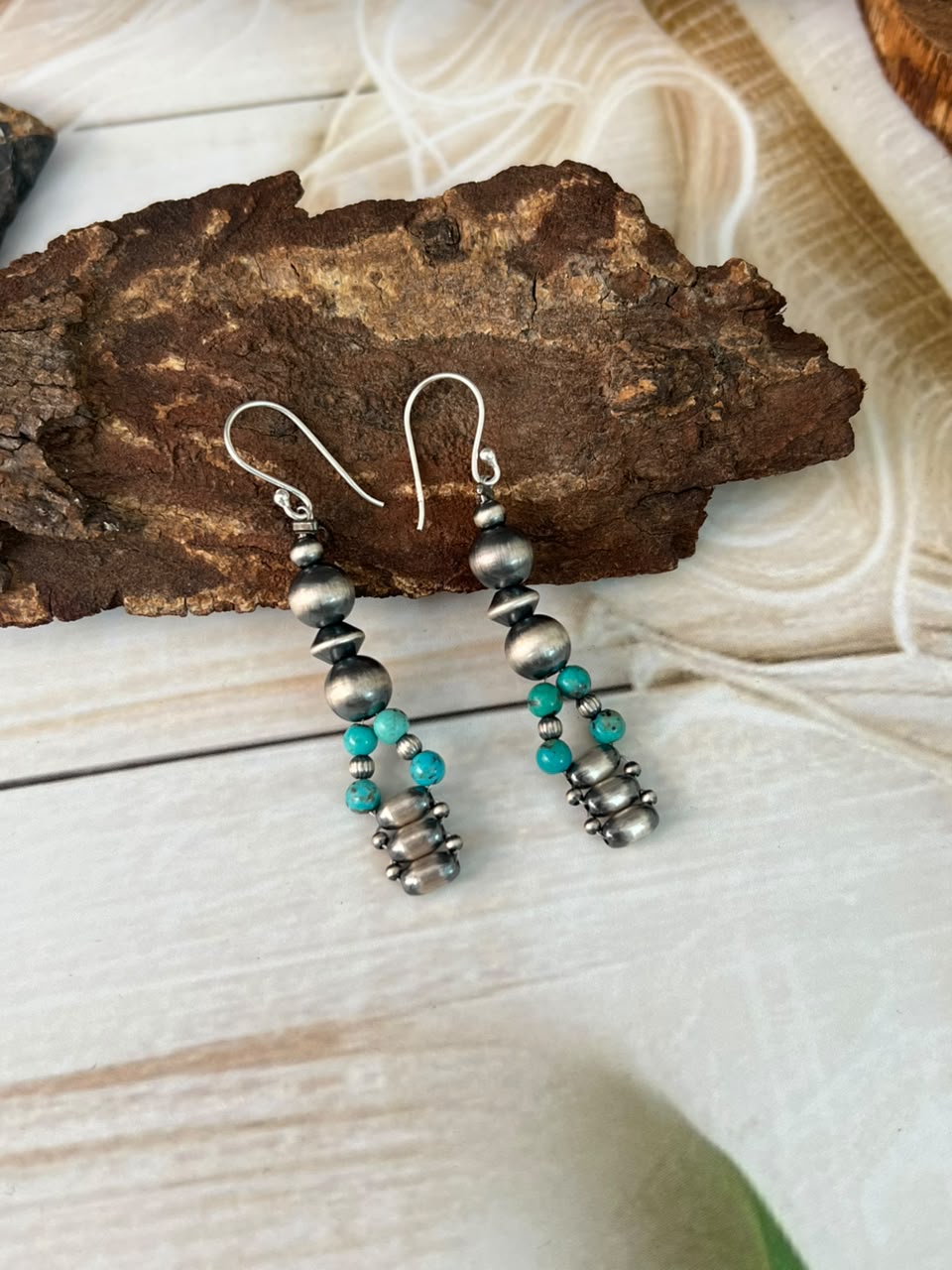Handmade Sterling Silver Kingman Turquoise Hook Dangle Beaded Earrings