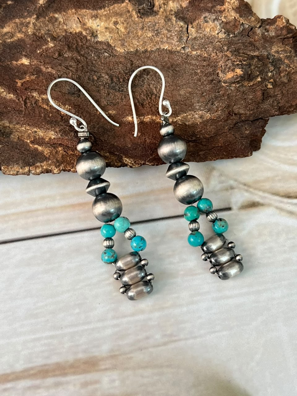 Handmade Sterling Silver Kingman Turquoise Hook Dangle Beaded Earrings