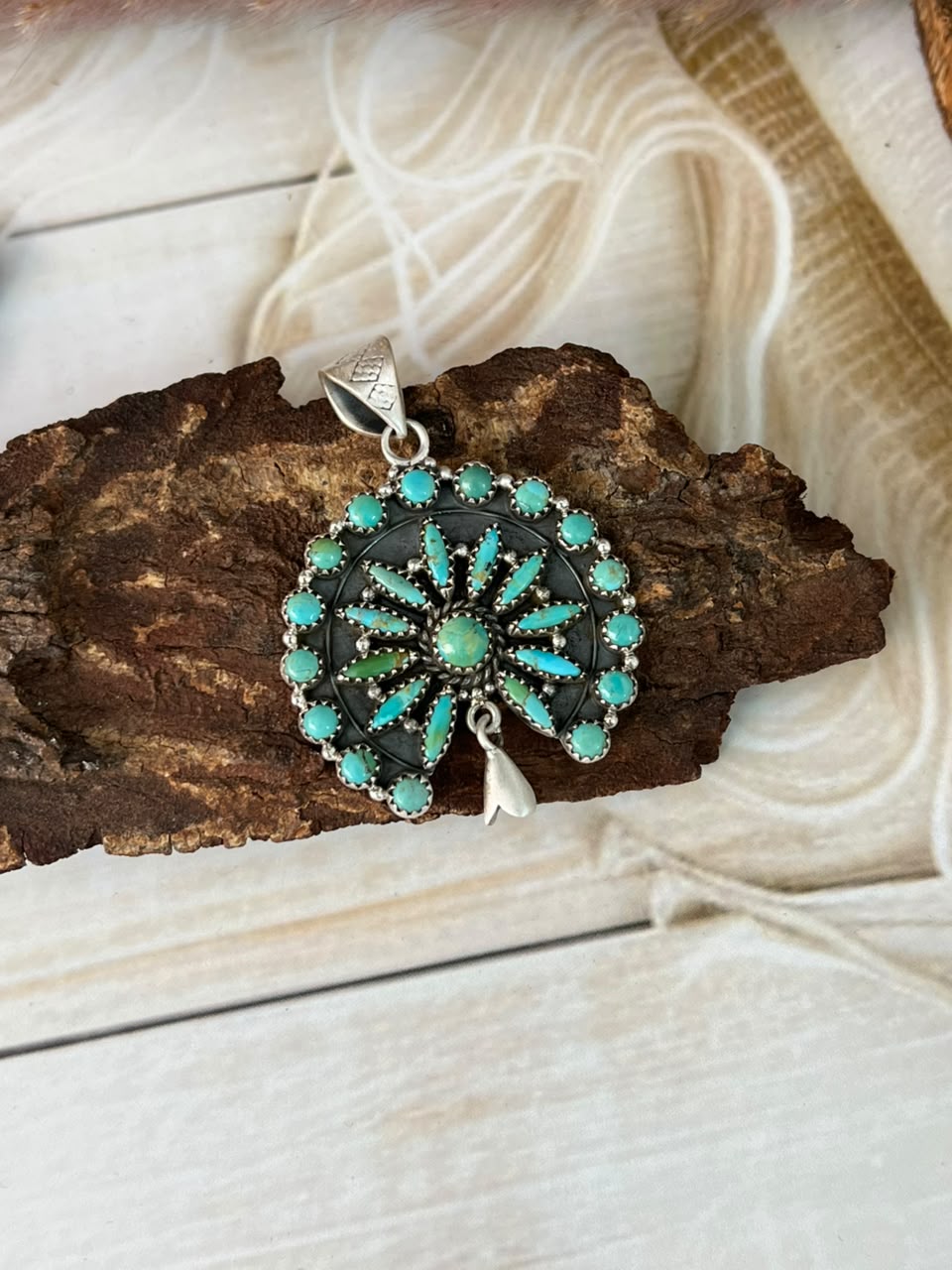 Handmade Sterling Silver Kingman Turquoise Squash Blossom Pendant Signed Nizhoni