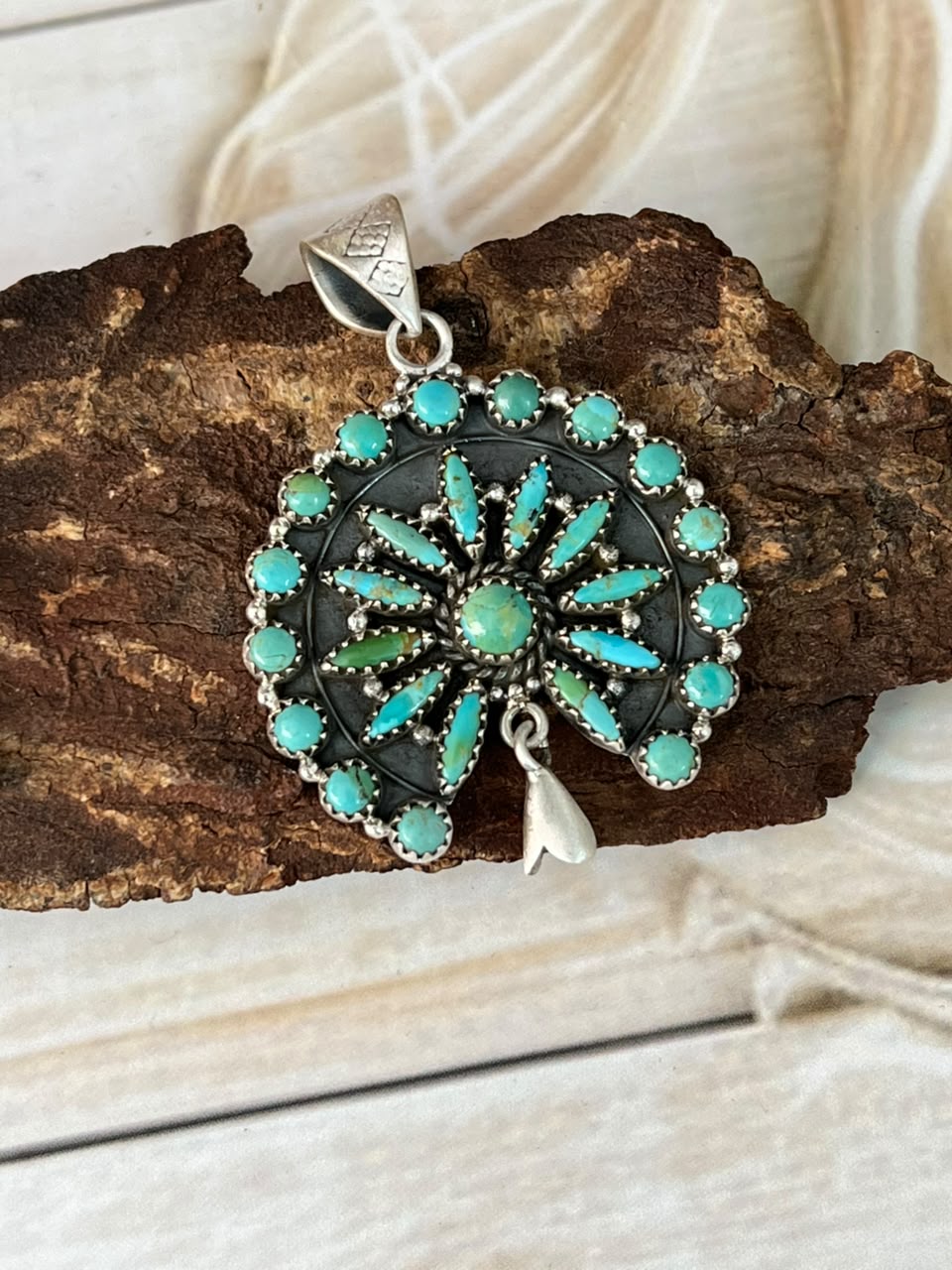 Handmade Sterling Silver Kingman Turquoise Squash Blossom Pendant Signed Nizhoni