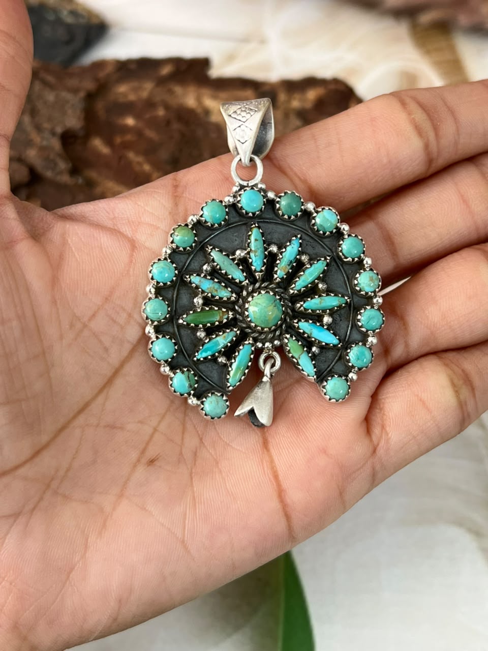 Handmade Sterling Silver Kingman Turquoise Squash Blossom Pendant Signed Nizhoni