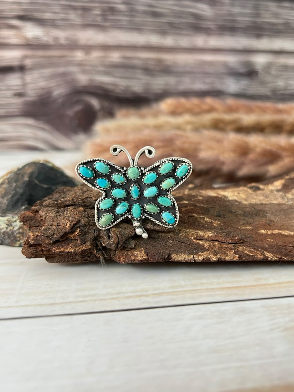 Handmade Sterling Silver Kingman Turquoise Butterfly Adjustable Ring Signed Nizhoni