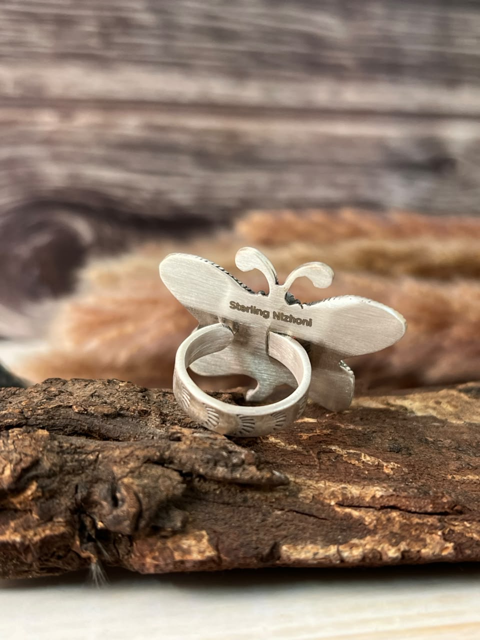 Handmade Sterling Silver Kingman Turquoise Butterfly Adjustable Ring Signed Nizhoni