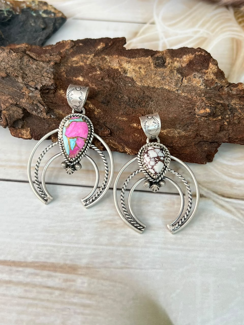 Handmade Sterling Silver Wildhorse Magnesite and Cotton Candy Naja Pendant Signed Nizhoni
