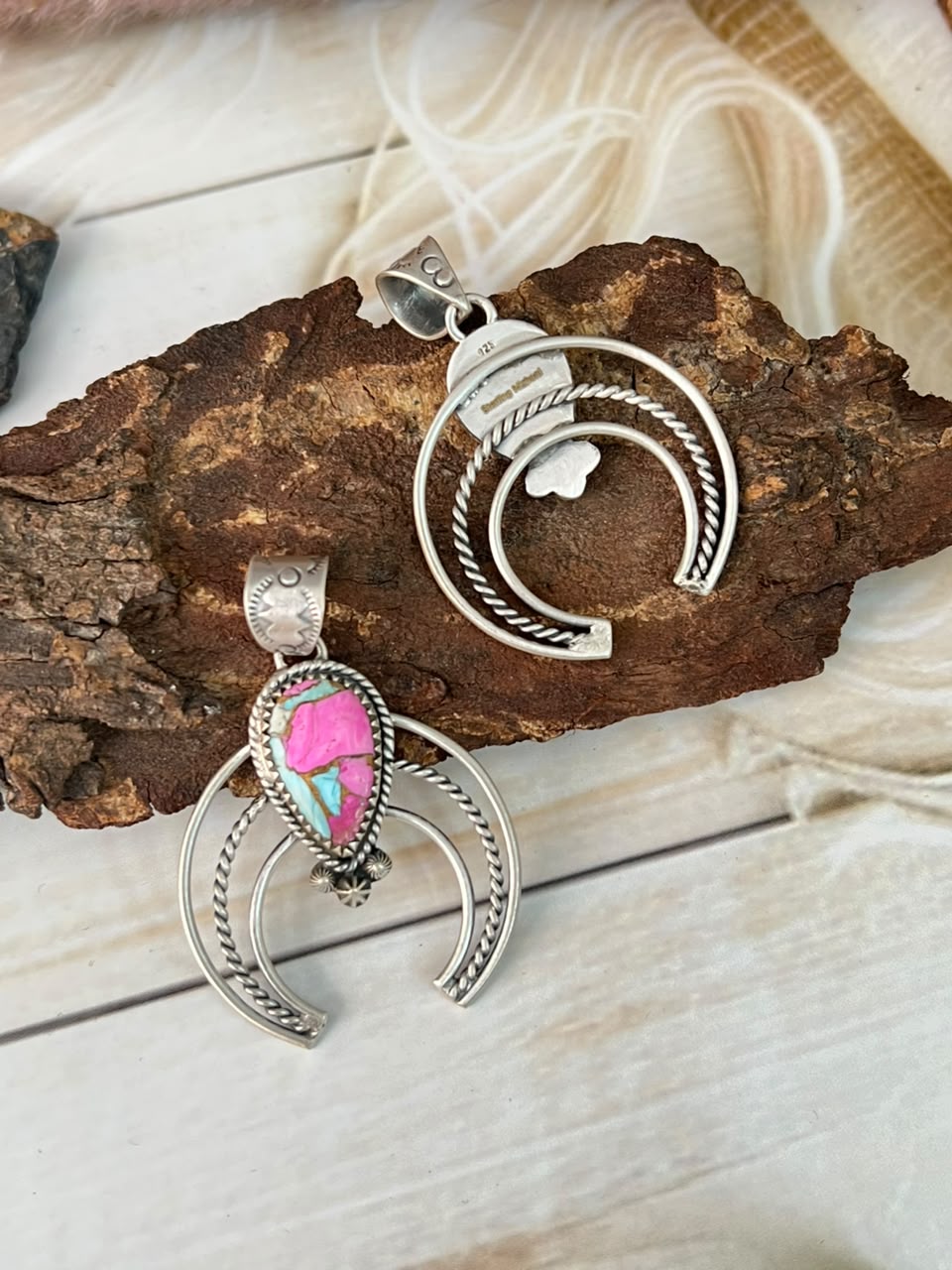 Handmade Sterling Silver Wildhorse Magnesite and Cotton Candy Naja Pendant Signed Nizhoni