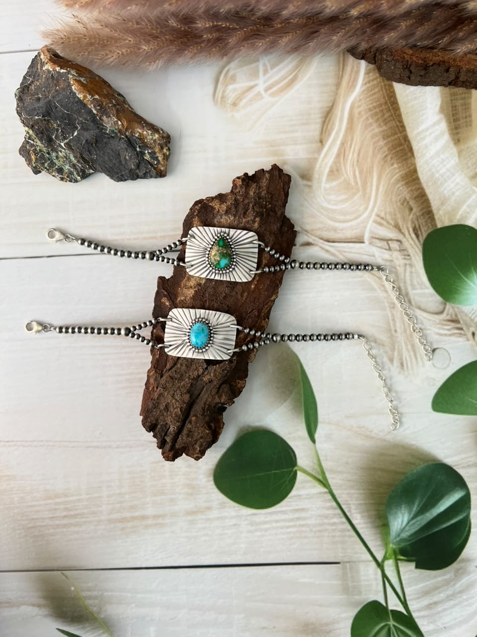 Handmade Sterling Silver Sierra Bella and Sonoran Mountain Turquoise Beaded Chain Bracelet Signed Nizhoni