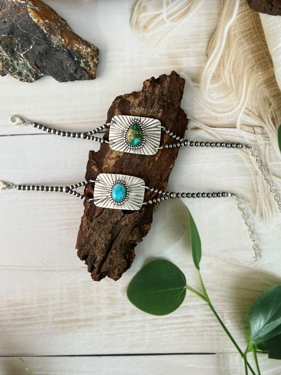 Handmade Sterling Silver Sierra Bella and Sonoran Mountain Turquoise Beaded Chain Bracelet Signed Nizhoni