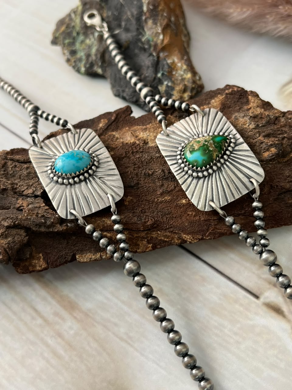 Handmade Sterling Silver Sierra Bella and Sonoran Mountain Turquoise Beaded Chain Bracelet Signed Nizhoni