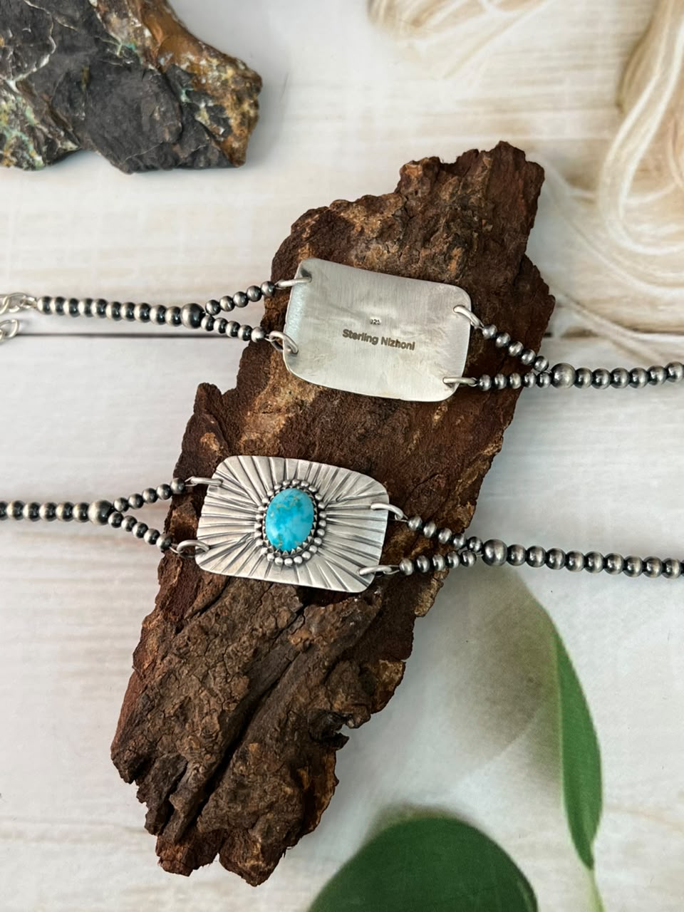 Handmade Sterling Silver Sierra Bella and Sonoran Mountain Turquoise Beaded Chain Bracelet Signed Nizhoni