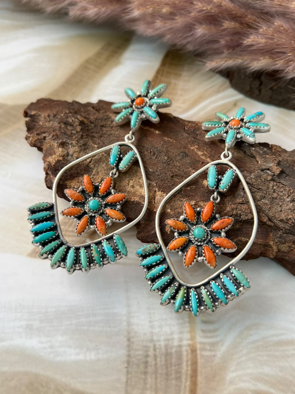 Handmade Sterling Silver Kingman Turquoise with Orange Mojave Post Dangle Earrings Signed Nizhoni