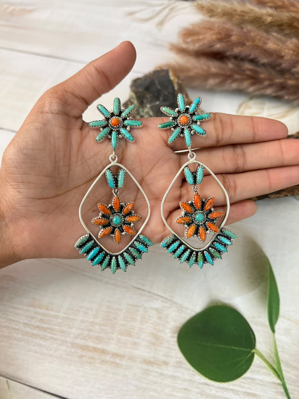 Handmade Sterling Silver Kingman Turquoise with Orange Mojave Post Dangle Earrings Signed Nizhoni