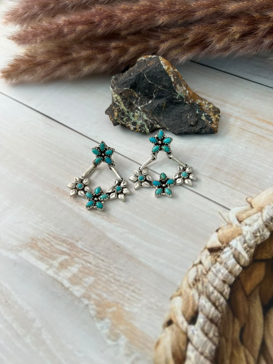 Handmade Sterling Silver Kingman Turquoise Post Dangle Earrings Signed Nizhoni