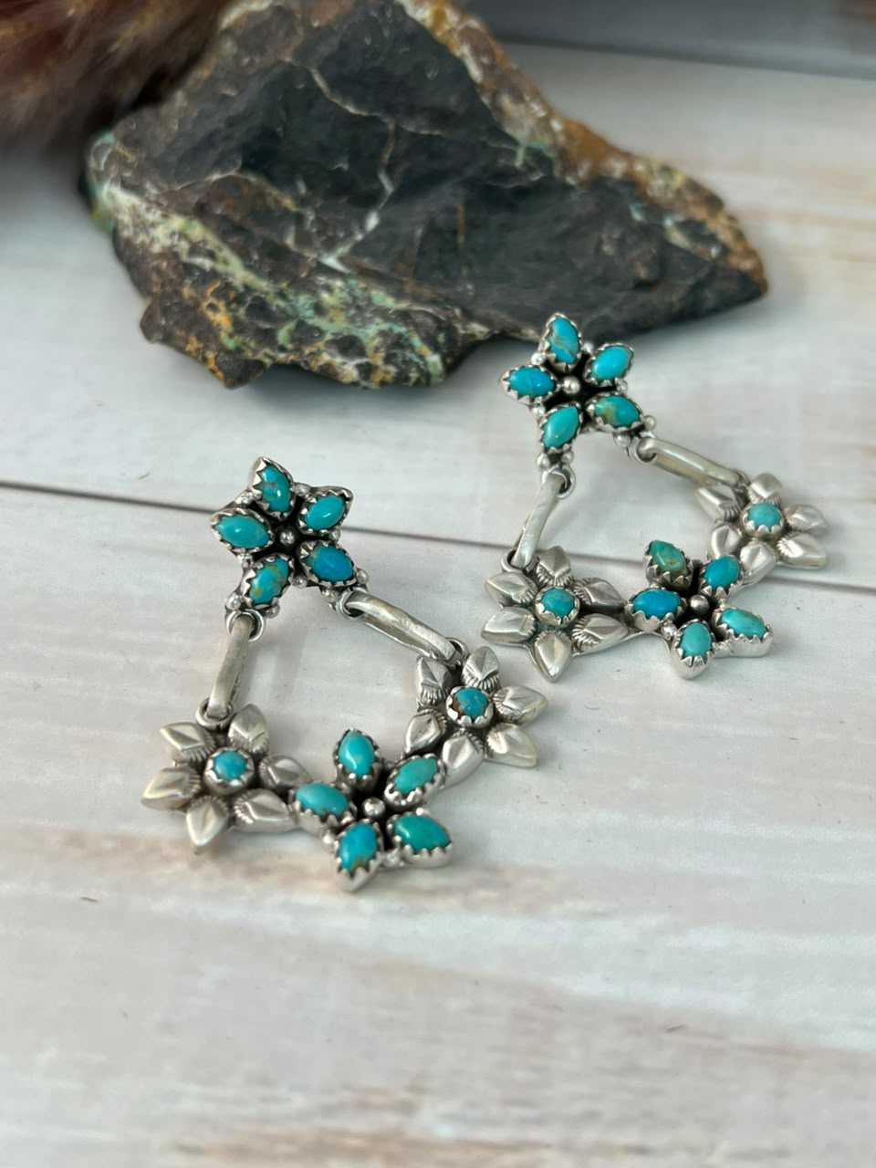 Handmade Sterling Silver Kingman Turquoise Post Dangle Earrings Signed Nizhoni
