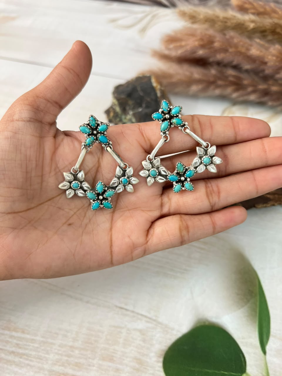Handmade Sterling Silver Kingman Turquoise Post Dangle Earrings Signed Nizhoni