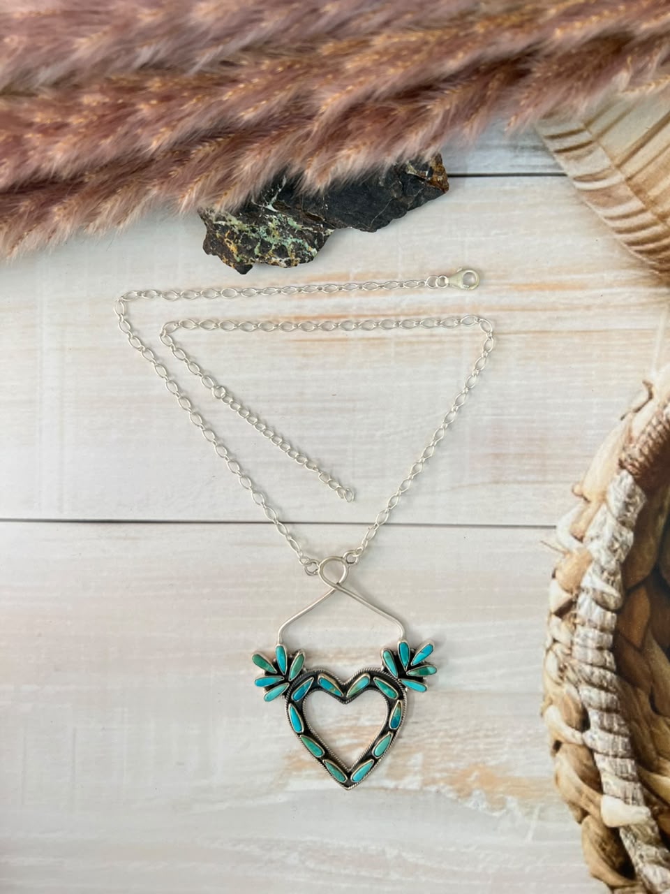 Handmade Sterling Silver Kingman Turquoise Heart Necklace Signed Nizhoni
