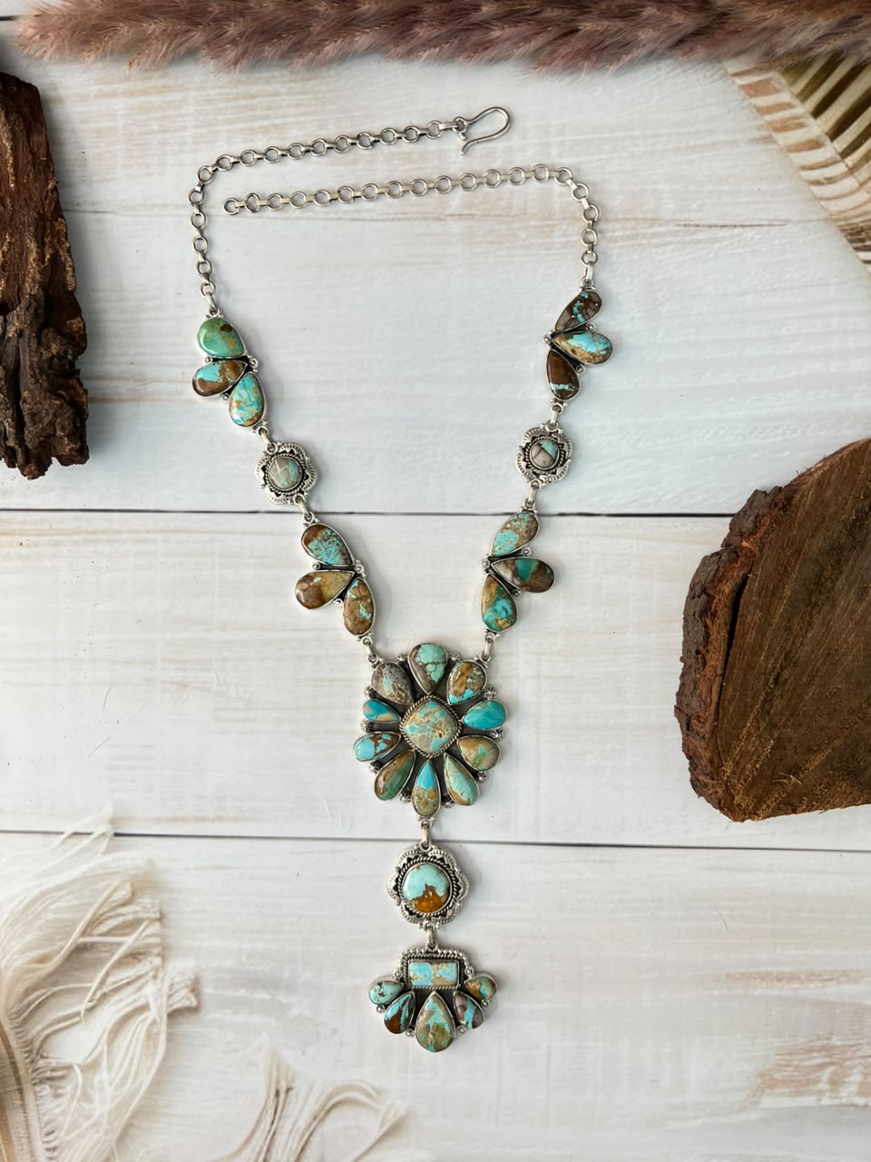 Handmade Sterling Silver Royston Ribbon Turquoise Collection: Drop Necklace Signed Nizhoni