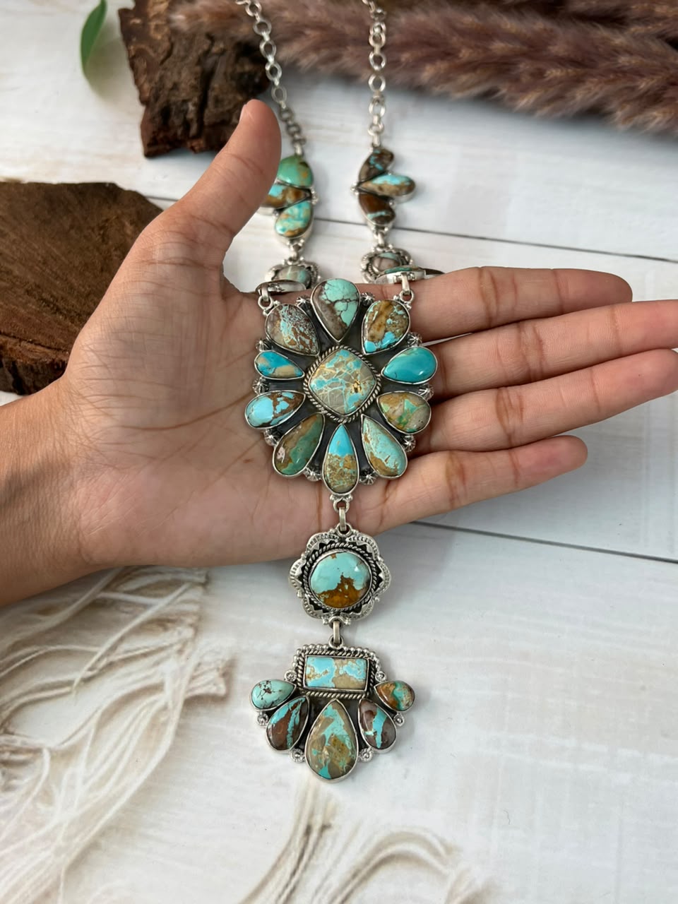 Handmade Sterling Silver Royston Ribbon Turquoise Collection: Drop Necklace Signed Nizhoni