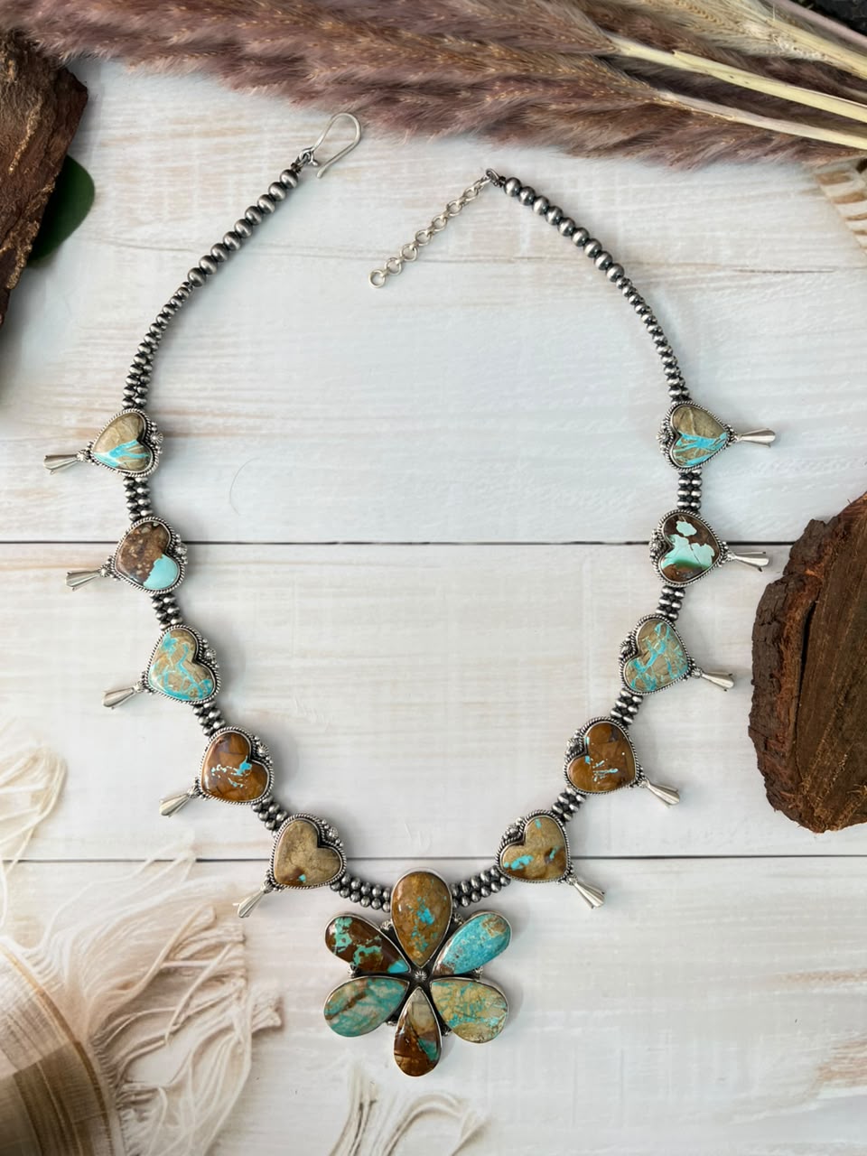 Handmade Sterling Silver Royston Ribbon Turquoise Collection: Squash Blossom Beaded Necklace Signed Nizhoni