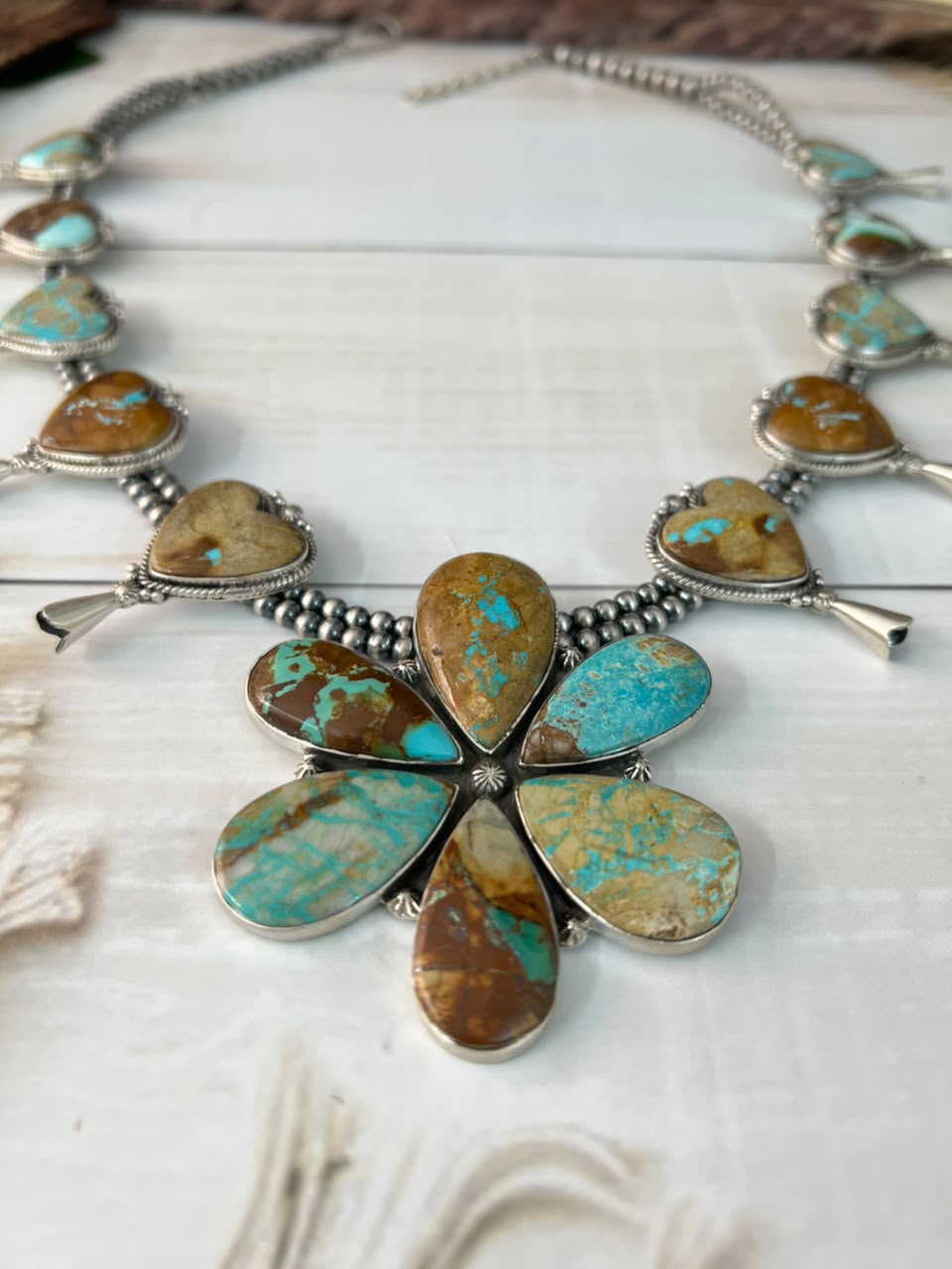 Handmade Sterling Silver Royston Ribbon Turquoise Collection: Squash Blossom Beaded Necklace Signed Nizhoni