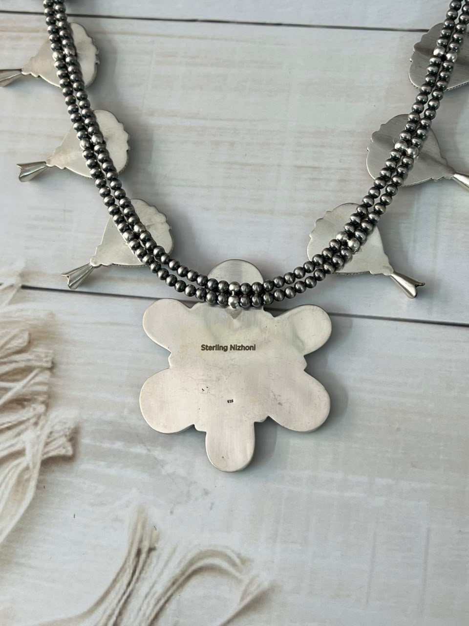 Handmade Sterling Silver Royston Ribbon Turquoise Collection: Squash Blossom Beaded Necklace Signed Nizhoni